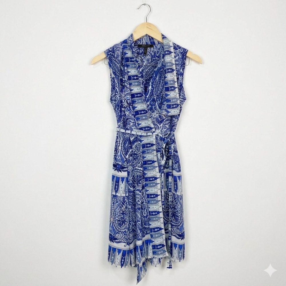 BCBGMAXAZRIA Idelle 100% Silk‎ Wrap Dress Blue Paisley Mediterranean Print XS